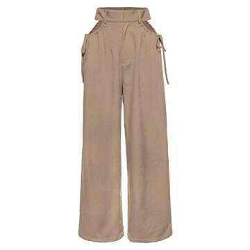 xxxiticat Women's Cut Out Wide Leg Trouser High Waist Lace Up See Through Bandage Drawstring Hollow Out Casual Pants(KH,S) Khaki