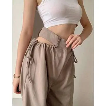 xxxiticat Women's Cut Out Wide Leg Trouser High Waist Lace Up See Through Bandage Drawstring Hollow Out Casual Pants(KH,S) Khaki