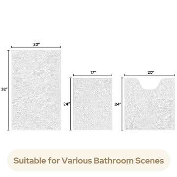 HOMEIDEAS 3 Pieces Bathroom Rugs, Ultra Soft Non Slip Absorbent Chenille Toilet Bath Mat Set (White)