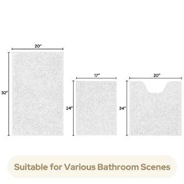 HOMEIDEAS 3 Pieces Bathroom Rugs, Ultra Soft Non Slip Absorbent Chenille Toilet Bath Mat Set (White)
