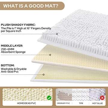 HOMEIDEAS 3 Pieces Bathroom Rugs, Ultra Soft Non Slip Absorbent Chenille Toilet Bath Mat Set (White)