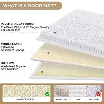 HOMEIDEAS 3 Pieces Bathroom Rugs, Ultra Soft Non Slip Absorbent Chenille Toilet Bath Mat Set (White)