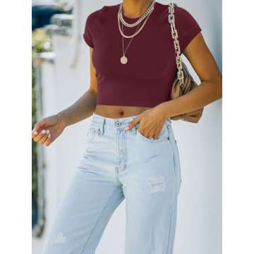 REORIA Women's Summer Cute Short Sleeve High Neck Double Lined Tight Casual Basic T Shirts Yoga Crop Tops Tees Burgundy Medium