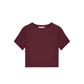REORIA Women's Summer Cute Short Sleeve High Neck Double Lined Tight Casual Basic T Shirts Yoga Crop Tops Tees Burgundy Medium