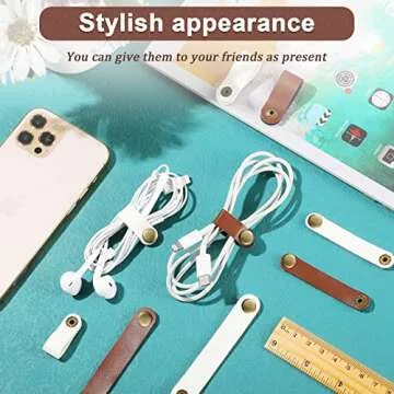 52 Pieces PU Leather Cable Straps, Earbud Cord Organizer, PU Leather Handmade Portable USB Cord Holder, Earphone Cable Tie Cable Management, for Travel, Home, School, Office (Beige, Chestnut Brown)