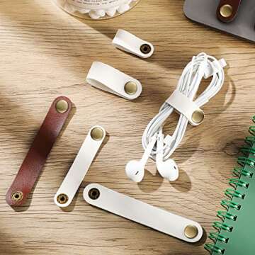 52 Pieces PU Leather Cable Straps, Earbud Cord Organizer, PU Leather Handmade Portable USB Cord Holder, Earphone Cable Tie Cable Management, for Travel, Home, School, Office (Beige, Chestnut Brown)