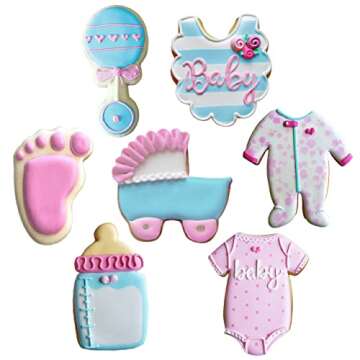 Baby Shower Cookie Cutters 7-Pc Set Made in USA by Ann Clark, Onesie, Bib, Rattle, Bottle, Carriage, Foot, Footie PJs