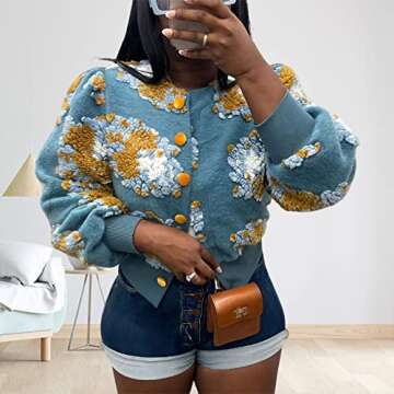 HOULENGS Women's Cropped Floral Print Fleece Bomber Jacket Casual Puff Sleeve Button Down Coats Winter Warm Outerwears