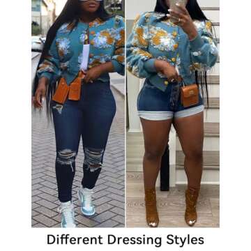 HOULENGS Women's Cropped Floral Print Fleece Bomber Jacket Casual Puff Sleeve Button Down Coats Winter Warm Outerwears