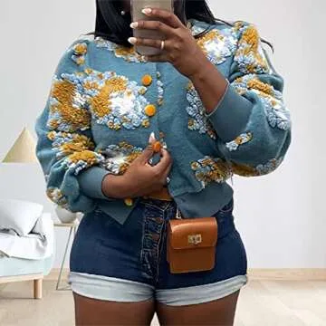 HOULENGS Women's Cropped Floral Print Fleece Bomber Jacket Casual Puff Sleeve Button Down Coats Winter Warm Outerwears