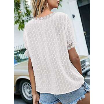 Dokotoo Womens Ladies 2024 Summer Sexy Lace Crochet V Neck Short Sleeve Pom Pom Boho Shirts Casual L...