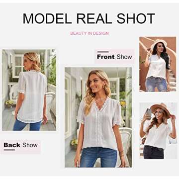 Dokotoo Womens Ladies 2024 Summer Sexy Lace Crochet V Neck Short Sleeve Pom Pom Boho Shirts Casual Loose Solid Chiffon Blouses for Women Tops White Medium
