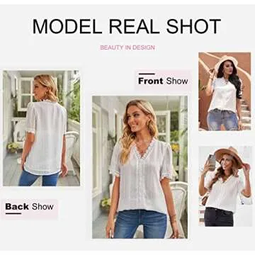 Dokotoo Womens Ladies 2024 Summer Sexy Lace Crochet V Neck Short Sleeve Pom Pom Boho Shirts Casual Loose Solid Chiffon Blouses for Women Tops White Medium
