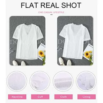 Dokotoo Womens Ladies 2024 Summer Sexy Lace Crochet V Neck Short Sleeve Pom Pom Boho Shirts Casual Loose Solid Chiffon Blouses for Women Tops White Medium