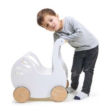 Tender Leaf Toys - Sweet Swan Pram - Wooden Swan Shape Dolls Stroller - Inspired Role-Play Toy for B...