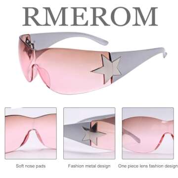 Rmerom Y2K Sunglasses for Women,Rimless Shield Wrap Around Sunglasses 2000S Trendy Oversized Fashion Frameless Tea-Pink Y2K Glasses Shades