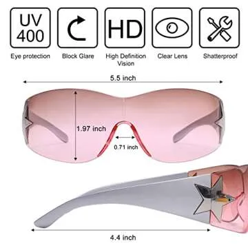 Rmerom Y2K Sunglasses for Women,Rimless Shield Wrap Around Sunglasses 2000S Trendy Oversized Fashion Frameless Tea-Pink Y2K Glasses Shades
