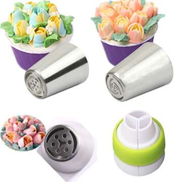 Cofe-BY Russian Piping Tips Cake Decorating Kits 21-Pcs Set for Home Baking DIY Tool Rose Tulip Icing Piping Nozzles Tip (9 Russian Tips 10 Disposable Pastry Bags 2 Tri-Color Coupler)