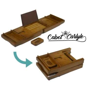 Cabot & Carlyle Luxury Bath Caddy Tray for Tub | Bath Table | Premium Bamboo Bathtub Tray for Tub | Fits All Bath Accessories Wine Glass, Books, Tablets, Cellphones, Shampoo | Bath Shelf Foldable.