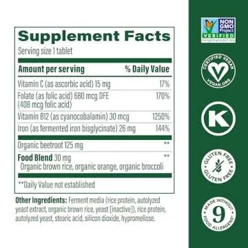 MegaFood Blood Builder - Iron Supplement Clinically Shown to Increase Iron Levels Without Side Effects - Iron Supplement for Women with Vitamin C, Vitamin B12 and Folic Acid - Vegan - 30 Tabs