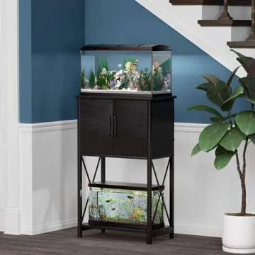 Herture 5-10 Gallon Fish Tank Stand, Metal Double Aquarium Stand with Cabinet for Fish Tank Accessories Storage, Heavy Duty 20.5" L* 11.02" W Tabletop, 500LBS Capacity Black PG06YGB