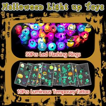60Pcs Halloween Party Favors for Kids, Light Up Rings Bulk Toys Halloween Treats Non Candy, 50 Led F...