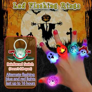 60Pcs Halloween Party Favors for Kids, Light Up Rings Bulk Toys Halloween Treats Non Candy, 50 Led Flashing Rings & 10 Luminous Tattoos, Halloween Goodie Bag Fillers Glow In The Dark Party Supplies