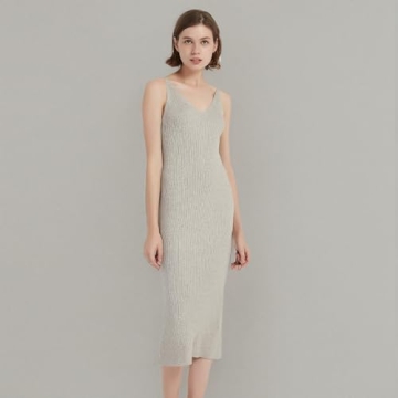 RZIV Women's Sleeveless Sweater Dress Knit Slim V Neck Bodycon Midi Stretchable Elasticity Slim Fits Khaki