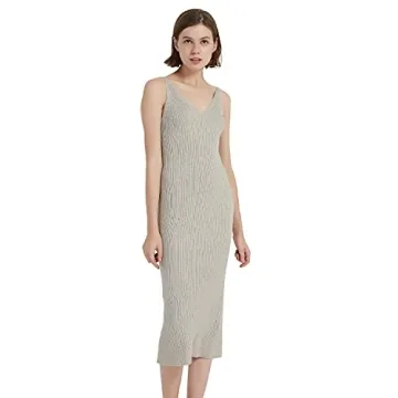 RZIV Women's Sleeveless Sweater Dress Knit Slim V Neck Bodycon Midi Stretchable Elasticity Slim Fits Khaki
