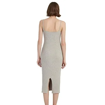 RZIV Women's Sleeveless Sweater Dress Knit Slim V Neck Bodycon Midi Stretchable Elasticity Slim Fits Khaki