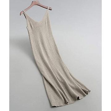 RZIV Women's Sleeveless Sweater Dress Knit Slim V Neck Bodycon Midi Stretchable Elasticity Slim Fits Khaki