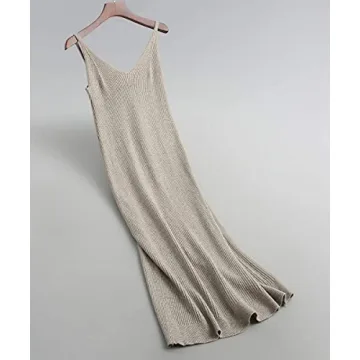 RZIV Women's Sleeveless Sweater Dress Knit Slim V Neck Bodycon Midi Stretchable Elasticity Slim Fits Khaki