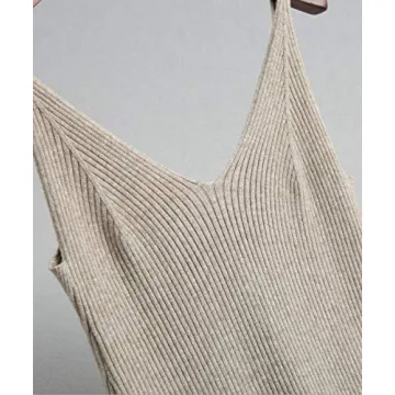 RZIV Women's Sleeveless Sweater Dress Knit Slim V Neck Bodycon Midi Stretchable Elasticity Slim Fits Khaki