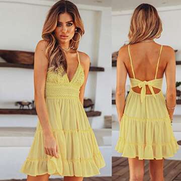 ECOWISH Summer Dresses for Women 2025 V-Neck Spaghetti Strap Bowknot Backless Sleeveless Lace Mini Swing Skater Dress Yellow Small