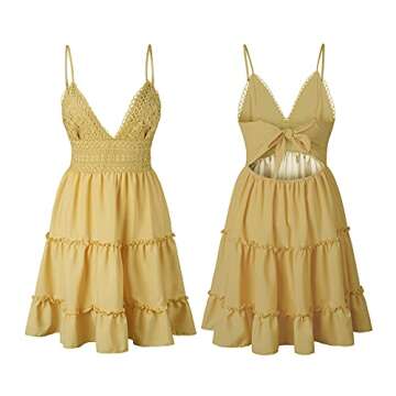 ECOWISH Summer Dresses for Women 2025 V-Neck Spaghetti Strap Bowknot Backless Sleeveless Lace Mini Swing Skater Dress Yellow Small