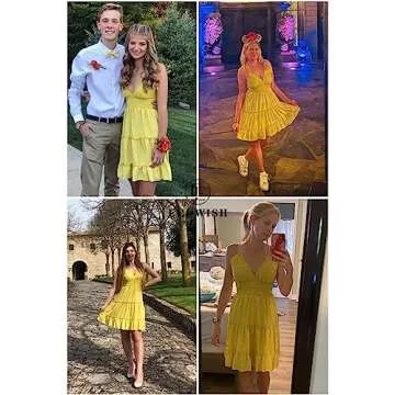 ECOWISH Summer Dresses for Women 2025 V-Neck Spaghetti Strap Bowknot Backless Sleeveless Lace Mini Swing Skater Dress Yellow Small