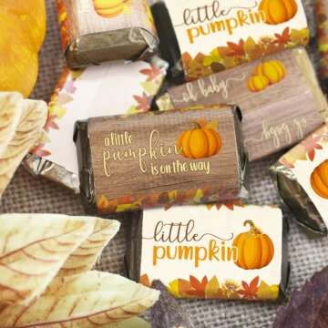 Rustic Fall Little Pumpkin Baby Shower Mini Chocolate Candy Bar Wrappers, Fall Baby Shower Party Fav...