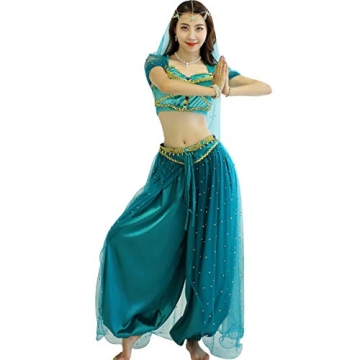 MISI CHAO Belly Dance Jasmine Costume - Aladdin Halloween Outfit Princess Costumes Teal for Women(L)