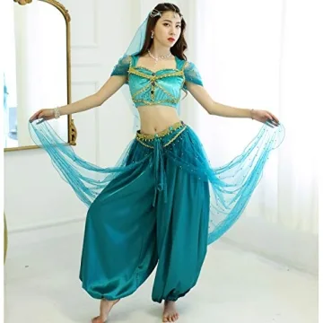 MISI CHAO Belly Dance Jasmine Costume - Aladdin Halloween Outfit Princess Costumes Teal for Women(L)
