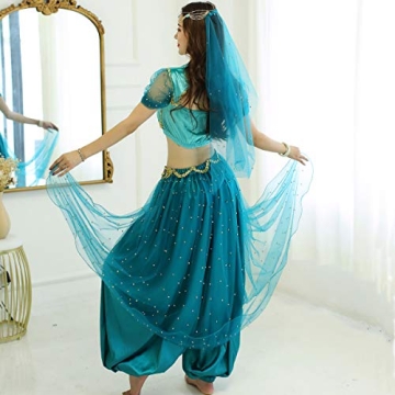 MISI CHAO Belly Dance Jasmine Costume - Aladdin Halloween Outfit Princess Costumes Teal for Women(L)