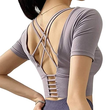 Hopgo Women's Workout Tops Medium Impact Strappy Criss Cross Padded Yoga Shirts Longline Gym Activew...