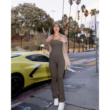 OQQ Women Yoga Jumpsuits Ribbed Strappy Sleeveless Tank Tops Exercise Bell Bottoms Flare Jumpsuits Tea leaf