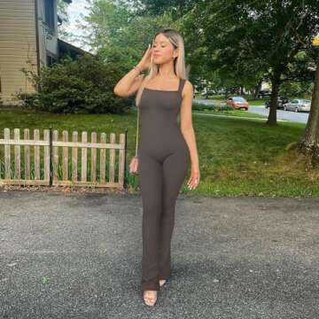 OQQ Women Yoga Jumpsuits Ribbed Strappy Sleeveless Tank Tops Exercise Bell Bottoms Flare Jumpsuits Tea leaf