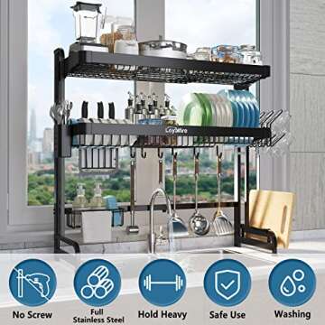 Loyalfire Over Sink Dish Drying Rack, 3 Tier Adjustable Length (20.87'' to 37.6'') Full Stainless St...