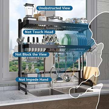 Loyalfire Over Sink Dish Drying Rack, 3 Tier Adjustable Length (20.87'' to 37.6'') Full Stainless Steel Large Storage Kitchen Dish Rack, Expandable Drainer Shelf Rack with Multifunctional Organizers