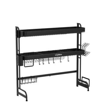 Loyalfire Over Sink Dish Drying Rack, 3 Tier Adjustable Length (20.87'' to 37.6'') Full Stainless Steel Large Storage Kitchen Dish Rack, Expandable Drainer Shelf Rack with Multifunctional Organizers