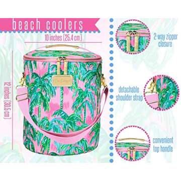 Lilly Pulitzer Pink/Green Insulated Soft Beach Cooler with Adjustable/Removable Strap and Double Zipper Close, Suite Views