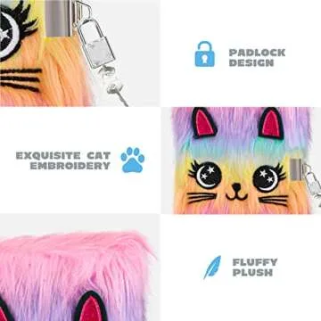 HOMICOZY Cat Diary with Lock and Keys for Girls,Plush Secret Journal for Kids with 160 Lined Pages,Hardcover Fluffy Locking Notebook for Writing and Drawing,Cute Fuzzy Stationary Gifts for Girls Ages