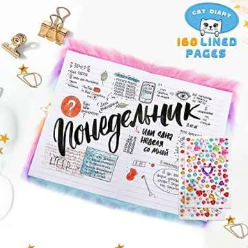 HOMICOZY Cat Diary with Lock and Keys for Girls,Plush Secret Journal for Kids with 160 Lined Pages,Hardcover Fluffy Locking Notebook for Writing and Drawing,Cute Fuzzy Stationary Gifts for Girls Ages