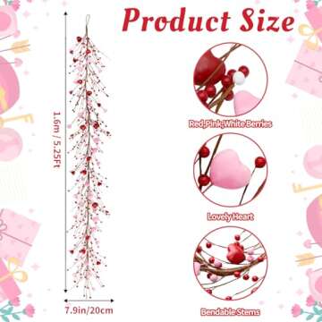 5Ft Valentine’s Day Heart Berry Garland - Artifical Red & Pink Multi-Purpose Heart Garland for Mantel, Table, or Wreath Decor - Romantic Valentine's Day Decorations Indoor